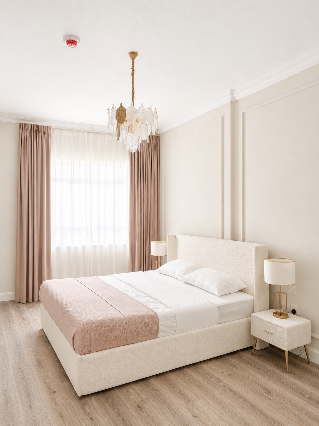 King bed with soft blush linens and a statement chandelier